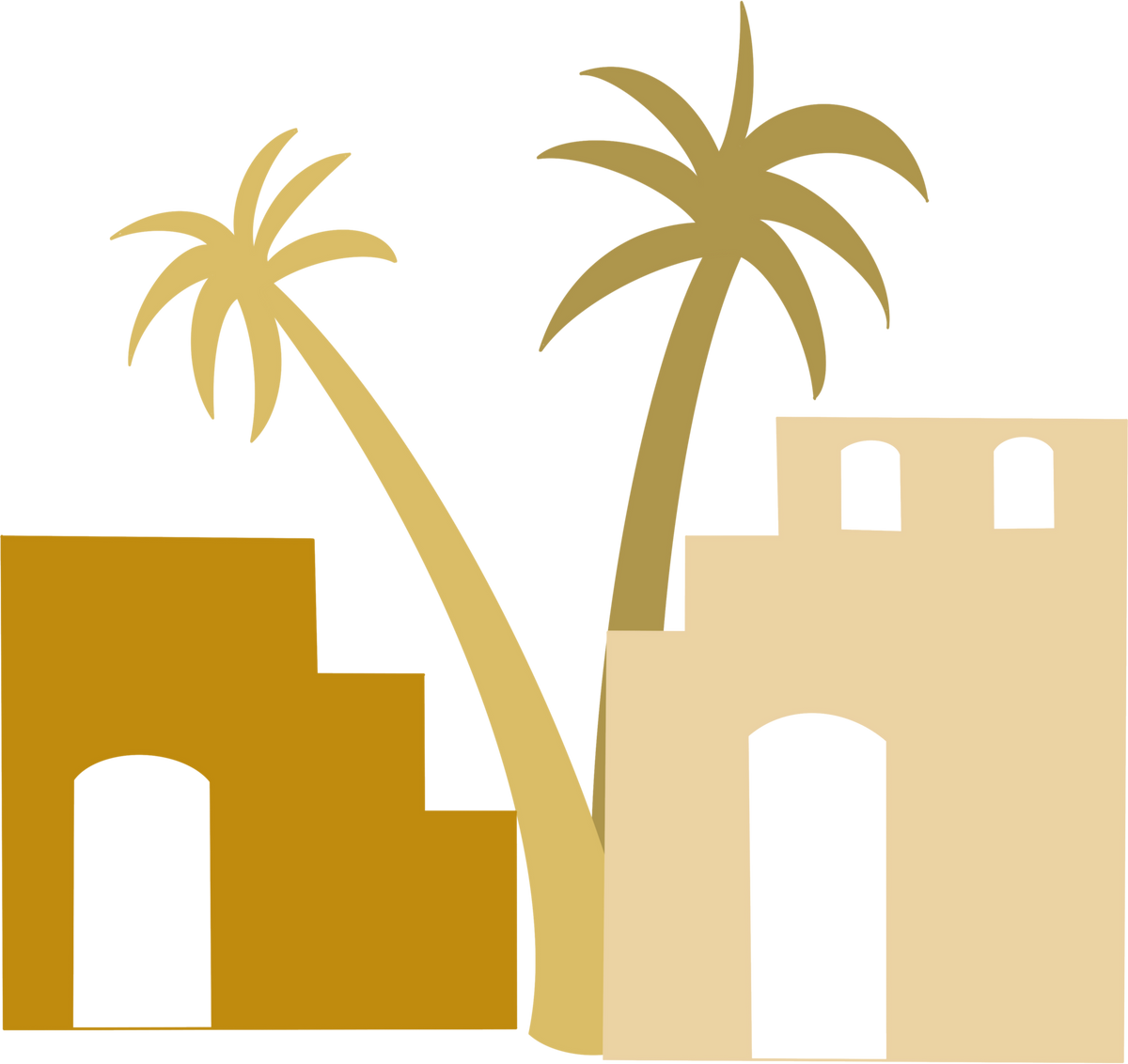 Arabic Traditional Mud Brick Building with Palm Trees